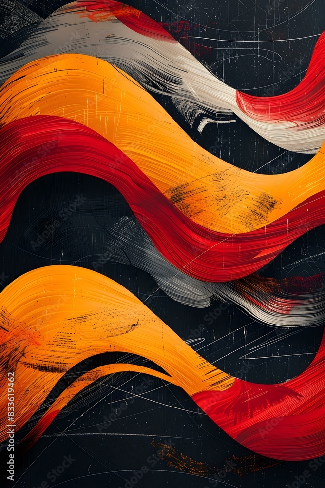 red yellow and gray flowing curves of paint on a black background red yellow and gray flowing curves of paint on a black background