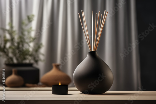 A scent diffuser black bottle. Home fragrance in the form of aromatic perfume. Modern interior on blurred background