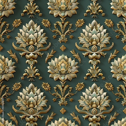 Seamless Green and Gold Thai Pattern from King Rama V Era photo