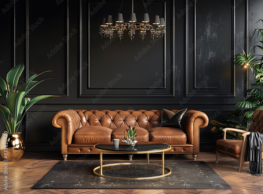 dark living room interior design with leather sofa, armchair and coffee table, golden decorative ...