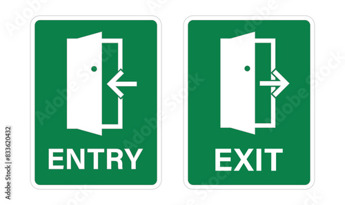 Bundle dreen rectangle entry and exit sign, with arrow toward opened door illustration