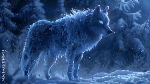 Majestic Arctic Wolf Prowling Through Snowy Winter Wilderness Under Moonlight photo