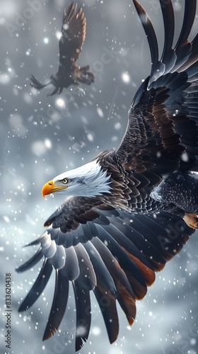 Majestic Bald Eagle in Graceful Flight During Snowfall photo