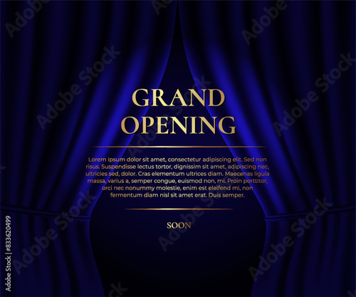 Grand Opening. Luxury banner with blue curtain and golden text. Vector illustration