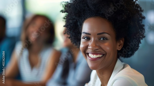 Black woman in startup agency workplace with leadership, smile, or confidence. Manager, face, or headshot of African worker in workplace with professional mindset photo