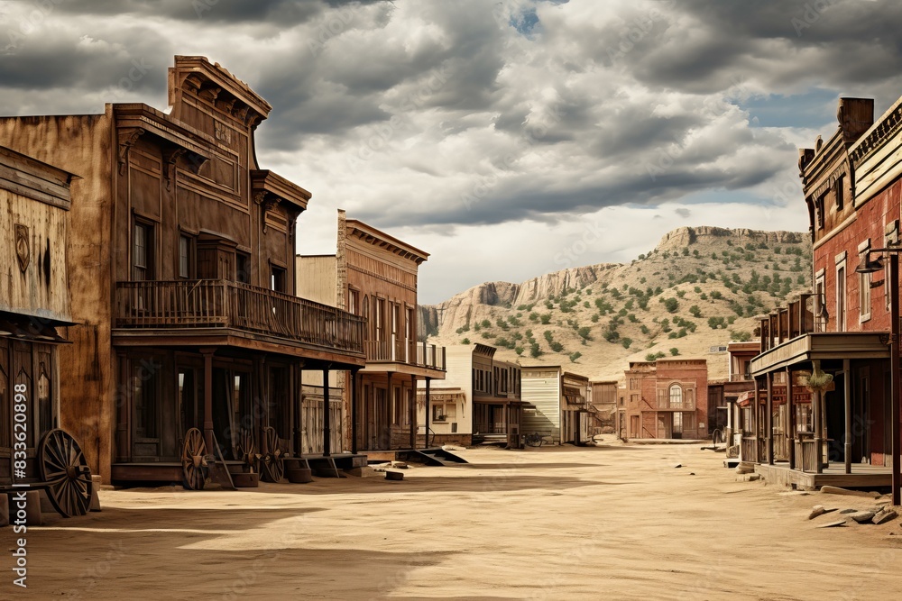 Φωτογραφία Vintage-style image of a deserted wild west town with wooden buildings and a mou