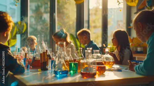 Group of Children Experimenting With Bottles and Beakers photo