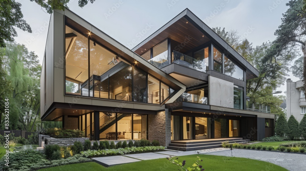 A contemporary house design with bold geometric shapes, innovative materials, and an integrated smart home system A contemporary house design with bold geometric shapes, innovative materials, and an integrated smart home system