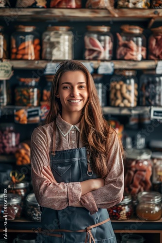 Happy, smiling woman portrait for business, leadership, or management. Positivity, confidence, and pride in butchery, restaurant, and meat manufacturing in large refrigerator with fresh protein