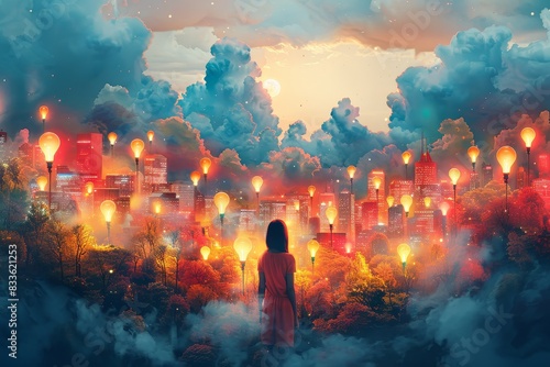 A fantastical image of a woman observing a cityscape where glowing lanterns float dreamily amongst skyscrapers photo