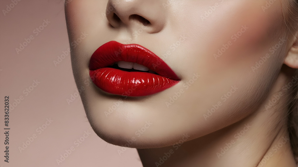Close-up Shot of Woman Lips with Glossy Red Lipstick. Glamour Red Lips Make-up, Purity Skin. Retro Beauty Style Stock Photo Close-up Shot of Woman Lips with Glossy Red Lipstick. Glamour Red Lips Make-up, Purity Skin. Retro Beauty Style Stock Photo