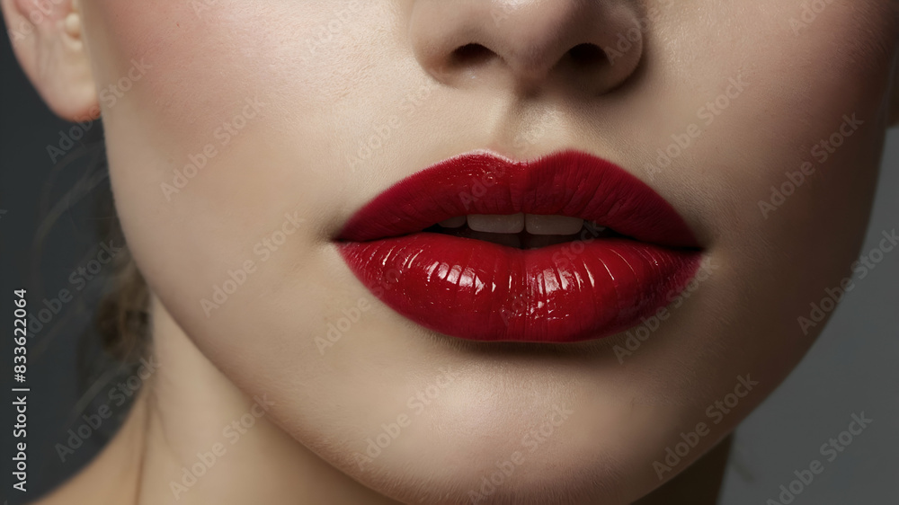 Obraz premium Close-up Shot of Woman Lips with Glossy Red Lipstick. Glamour Red Lips Make-up, Purity Skin. Retro Beauty Style Stock Photo