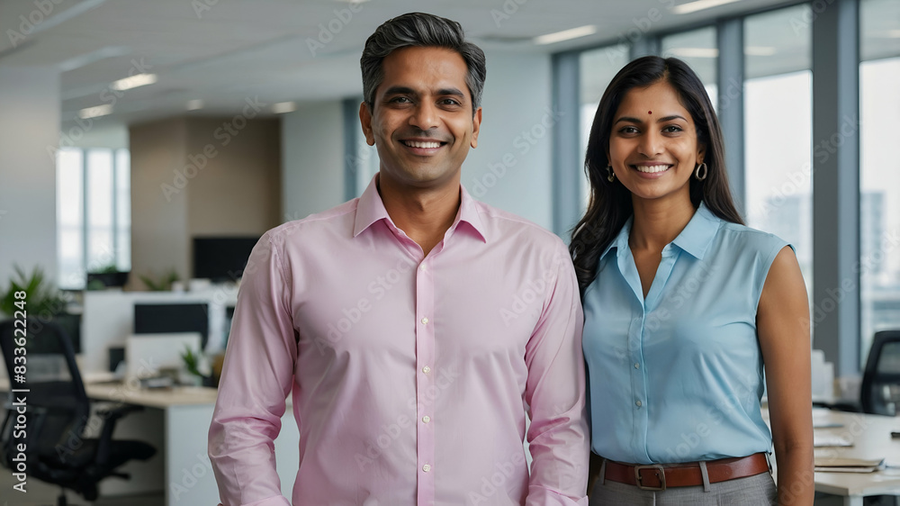Portrait of smiling Indian office employee man and woman standing arms crossed in office. Portrait of smiling Indian office employee man and woman standing arms crossed in office.
