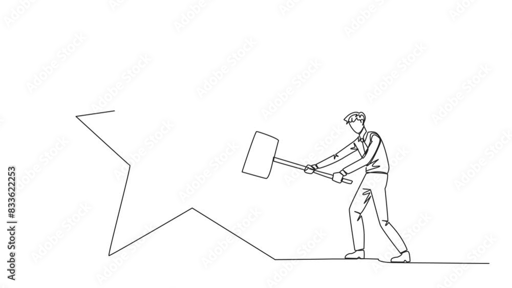 Animation of single continuous line drawing businessman preparing to hit big star. Rampage. The destroyer of dream. Failed to get the best career position. Anger overflowed. Full length motion Animation of single continuous line drawing businessman preparing to hit big star. Rampage. The destroyer of dream. Failed to get the best career position. Anger overflowed. Full length motion