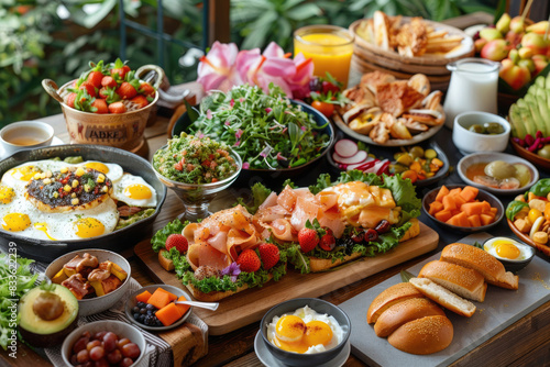 A mouth-watering gourmet brunch spread with various dishes