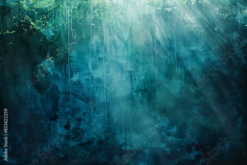 Layers of translucent paints in shades of blue and green create a sense of depth and light  suggesting an underwater scene