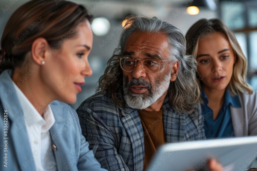 Three people are sitting around a table, one of them holding a tablet Three people are sitting around a table, one of them holding a tablet