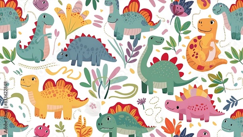 seamless pattern with different types of cute dino
