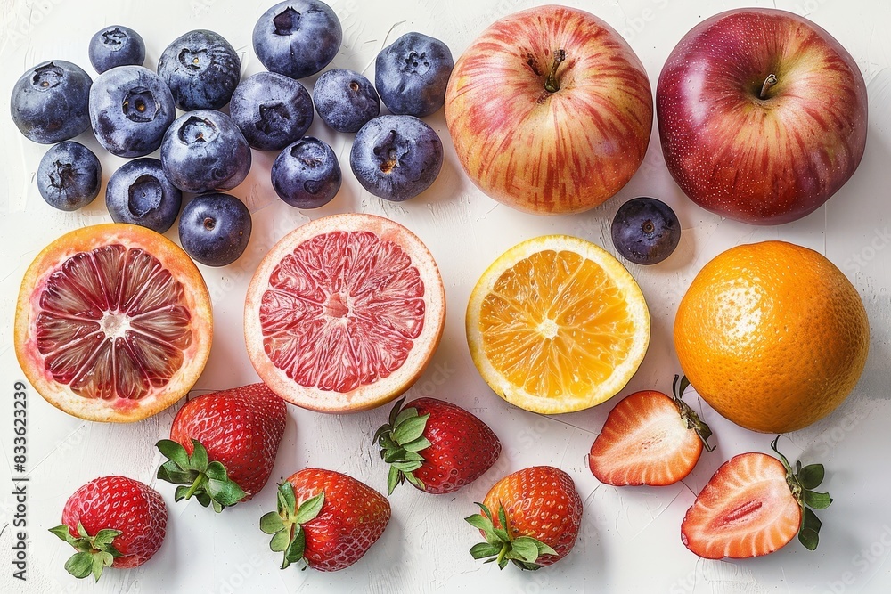 Bright and fresh assortment of fruits including berries and citrus with a white backdrop Bright and fresh assortment of fruits including berries and citrus with a white backdrop
