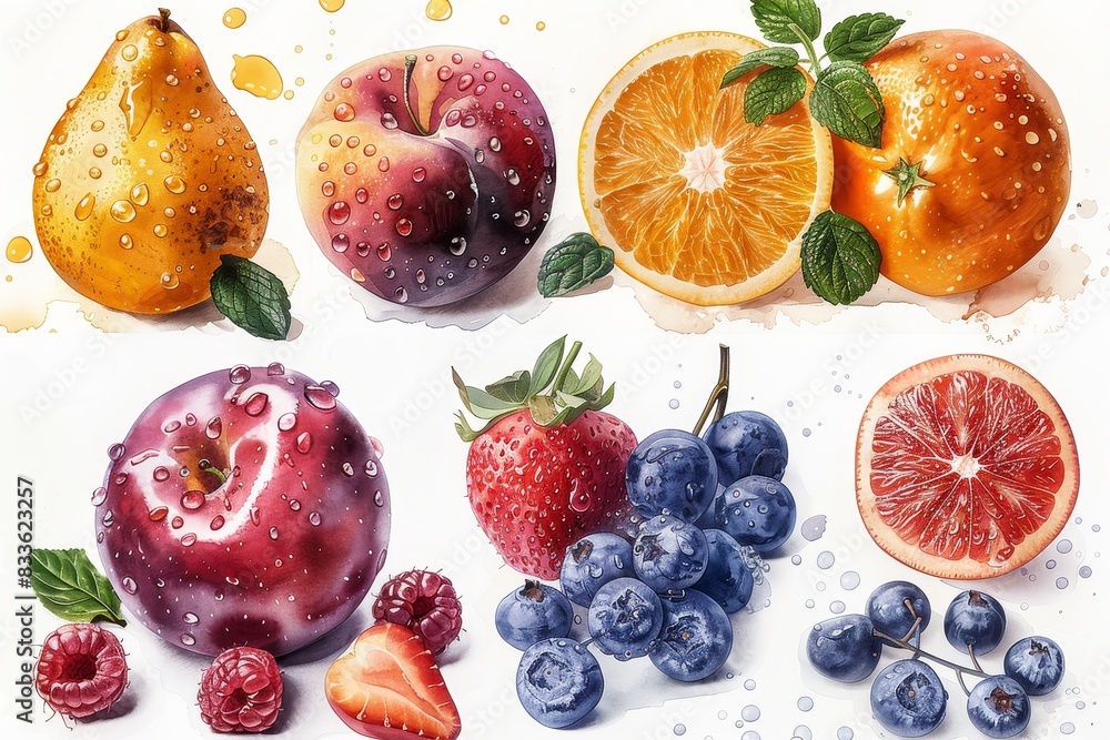 The image displays a variety of colorful fruits with water droplets, suggesting freshness and natural flavor The image displays a variety of colorful fruits with water droplets, suggesting freshness and natural flavor