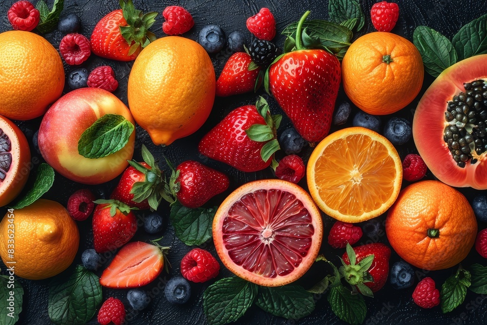 A luxurious spread of fruits and berries on a dark background highlighting the colors and shine A luxurious spread of fruits and berries on a dark background highlighting the colors and shine