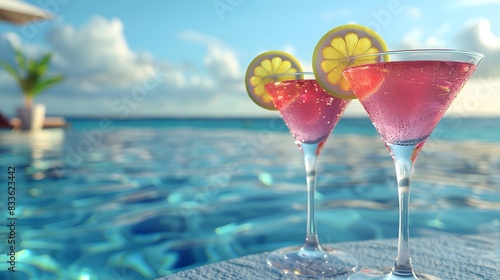 3D rendering, two cocktail glasses with pink liquid and lemon slices on the edge of an infinity pool by the sea, summer vacation concept.