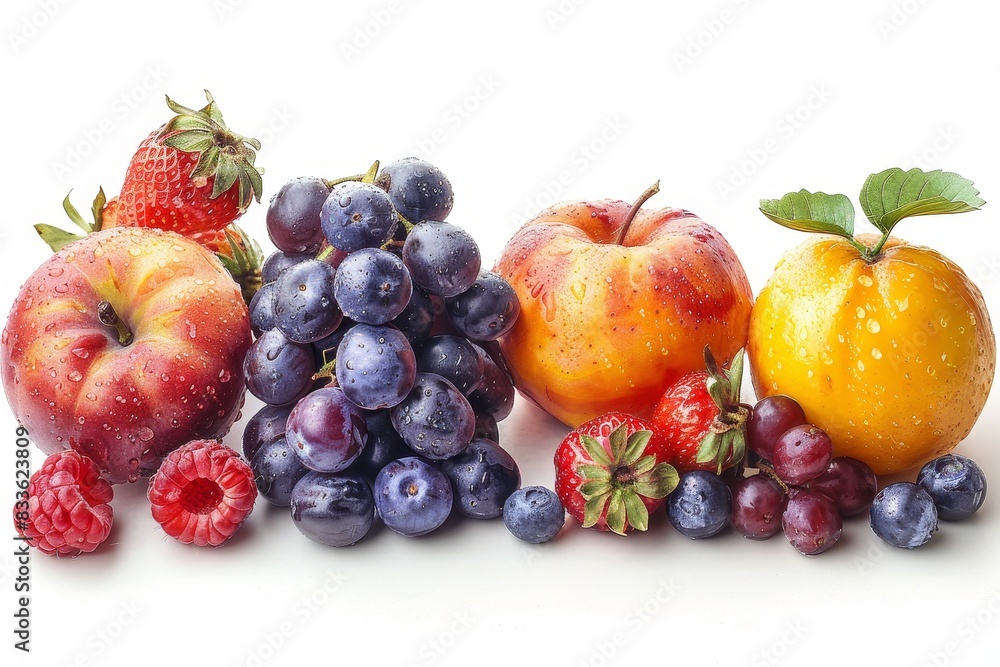An array of ripe fruits featuring apples, grapes, and berries with visible water droplets on a white background An array of ripe fruits featuring apples, grapes, and berries with visible water droplets on a white background