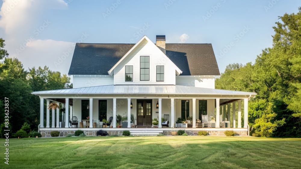 A farmhouse-inspired house design with a large front porch, white clapboard siding, and rustic accents A farmhouse-inspired house design with a large front porch, white clapboard siding, and rustic accents