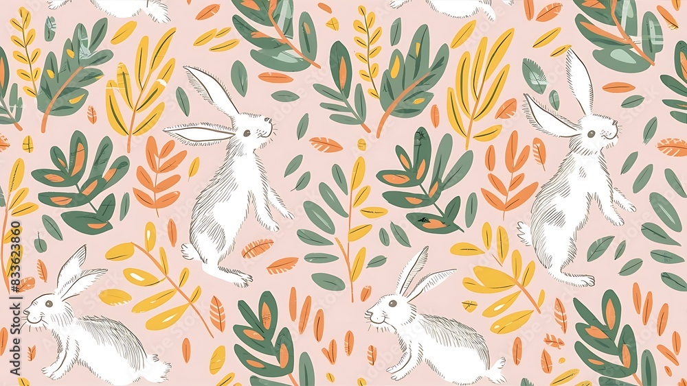 Fototapeta premium Seamless Pattern with Hand Drawn Rabbit and Leaf Design on Light Pink Background wallpaper