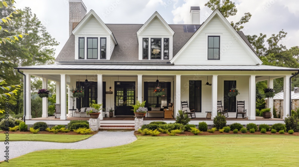 A farmhouse-inspired house design with a large front porch, white clapboard siding, and rustic accents A farmhouse-inspired house design with a large front porch, white clapboard siding, and rustic accents