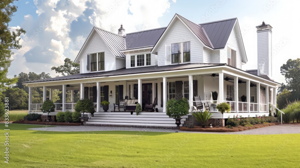 A farmhouse-inspired house design with a large front porch, white clapboard siding, and rustic accents A farmhouse-inspired house design with a large front porch, white clapboard siding, and rustic accents