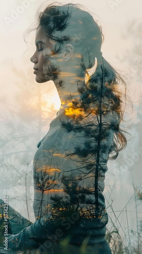 Double exposure of a woman's profile and a serene natural landscape, creating a harmonious blend of human presence and nature.