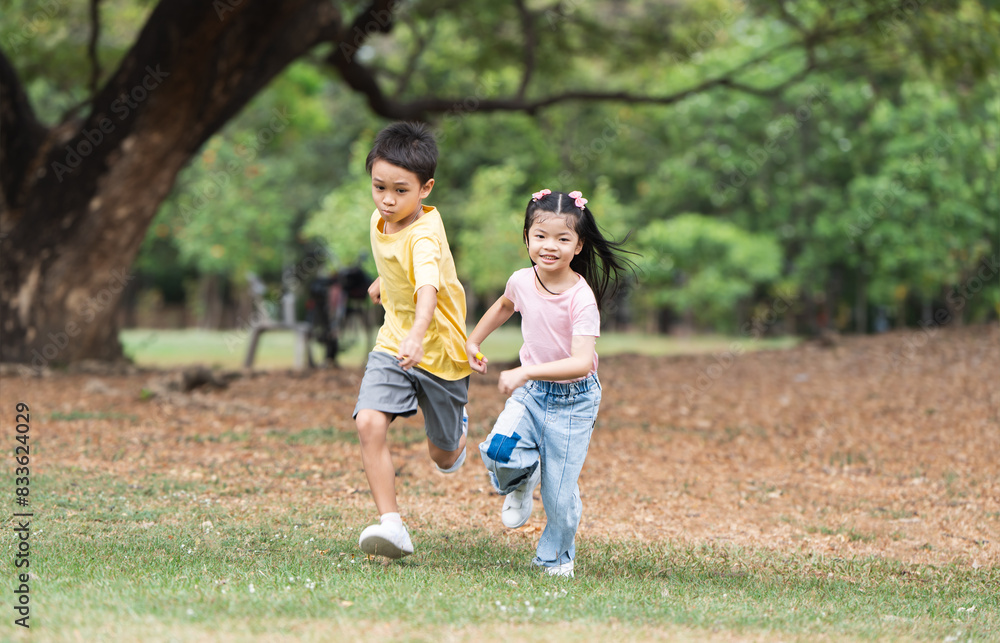 Two of happy playful Asian children running outdoors in summer park. Adorable 8 year boy and 4 year girl playing in garden having fun with active activity, holidays and vacations Two of happy playful Asian children running outdoors in summer park. Adorable 8 year boy and 4 year girl playing in garden having fun with active activity, holidays and vacations