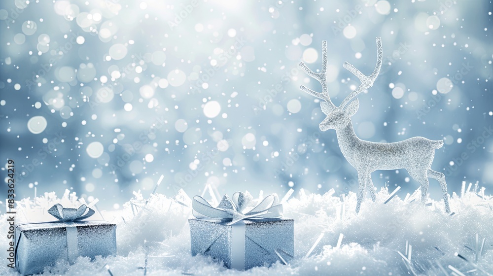 Abstract background with gentle snowfall, reindeer silhouettes, and gift boxes Abstract background with gentle snowfall, reindeer silhouettes, and gift boxes