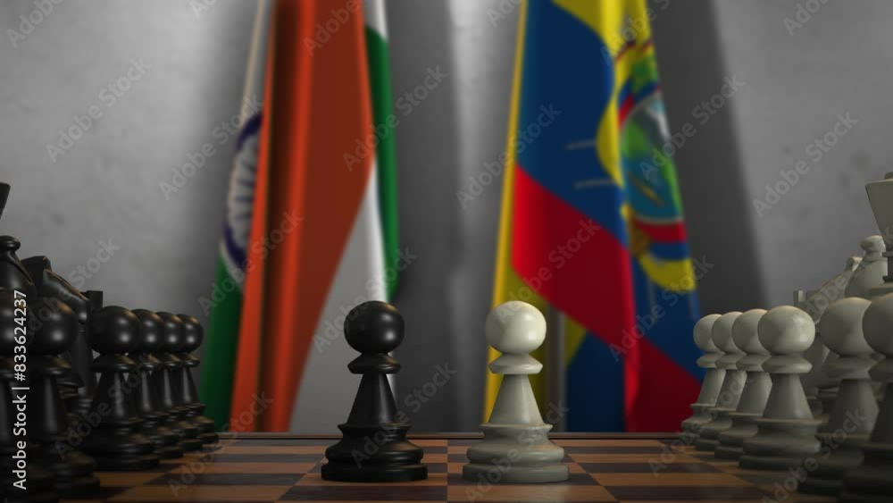 Ecuador and India Flags with Chess Game Animation. Politics Concept, Government Conflict Ecuador and India Flags with Chess Game Animation. Politics Concept, Government Conflict