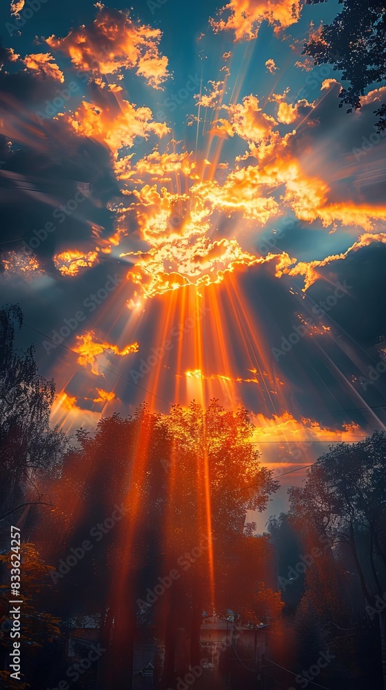 Obraz premium Dramatic sunset with vibrant colors and sunrays breaking through clouds, casting beautiful light over a serene landscape.