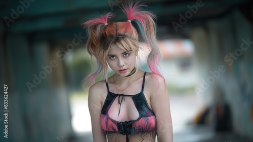 Harley Quinn Cosplay with Pigtailed Hair photo