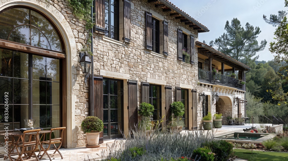 A French country house design with stone facades, charming shutters, and a rustic yet elegant interior A French country house design with stone facades, charming shutters, and a rustic yet elegant interior