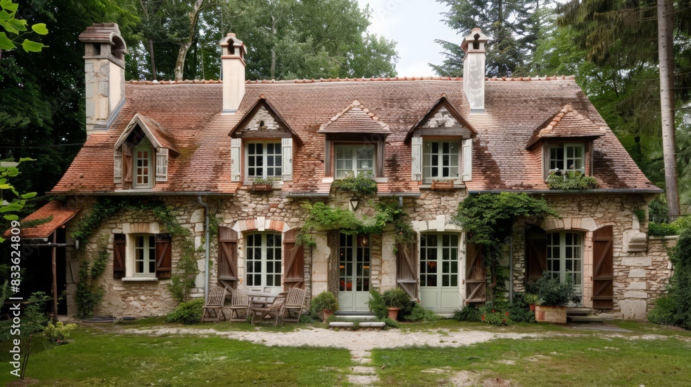 A French country house design with stone facades, charming shutters, and a rustic yet elegant interior A French country house design with stone facades, charming shutters, and a rustic yet elegant interior