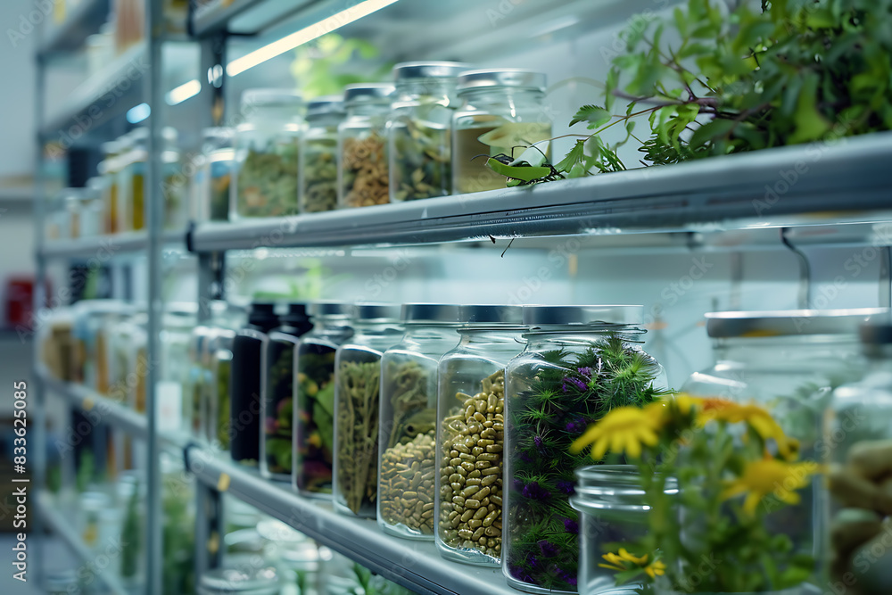 Modern medicine production, showcasing pharmacology with natural herbs and advanced technology for preparation Modern medicine production, showcasing pharmacology with natural herbs and advanced technology for preparation
