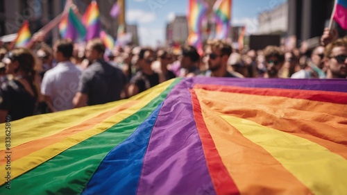 Gay and Lesbian Pride Month Rainbow flags wave in the air at an LGBTQ pride event.