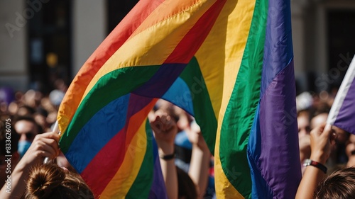 Gay and Lesbian Pride Month Rainbow flags wave in the air at an LGBTQ pride event.
