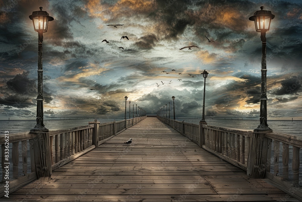 Obraz premium Sunset Serenade: Seagulls and Luminous Skies over a Seaside Pier