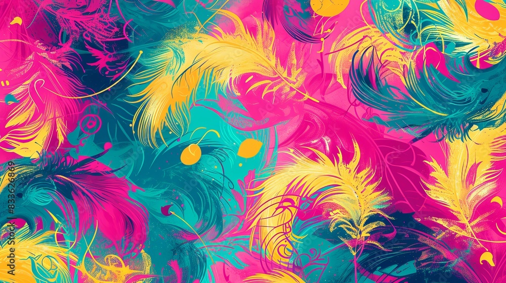 Abstract background with feather boas, crowns, and trumpet motifs Abstract background with feather boas, crowns, and trumpet motifs