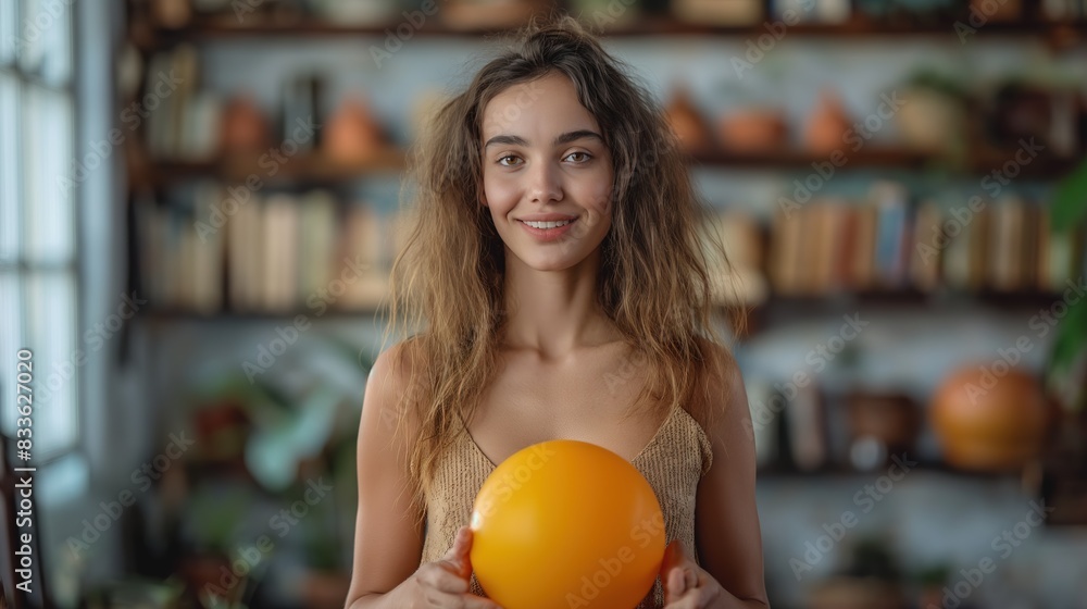 Young Woman Holding Orange Balloon Indoors Young Woman Holding Orange Balloon Indoors