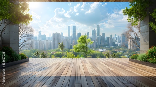 A large wooden terrace with city skyline view. Panoramic panoramic landscape background. The sun shines on the wood floor, with green trees and buildings in distance.