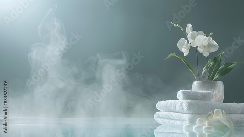 luxurious spa background with candles, flowers, rolled towels, and flowers, serene atmosphere for relaxation and wellness, concept for spa retreats, beauty salons, wellness centers.