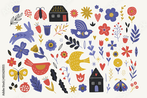 Folklore collection - houses, birds, rabbit, blooming flowers, leaves, berries, hearts