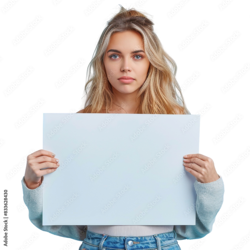 Young woman smiling and holding a blank white board, isolated on transparent background Young woman smiling and holding a blank white board, isolated on transparent background
