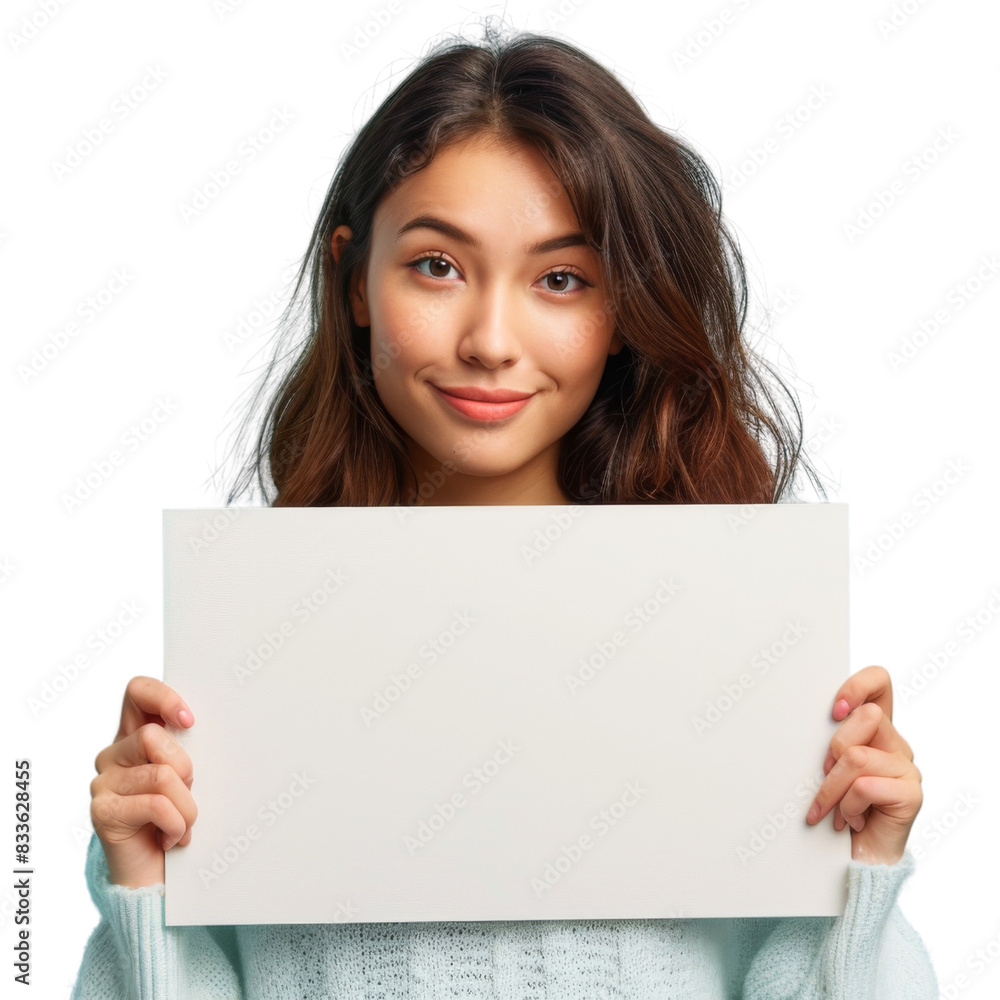 Young woman smiling and holding a blank white board, isolated on transparent background Young woman smiling and holding a blank white board, isolated on transparent background
